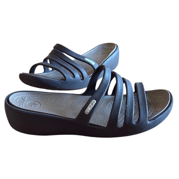 Crocs Womens Size 7 Rhonda Wedge Slip On Strappy Sandals Slides Open Toe Brown - Picture 1 of 12